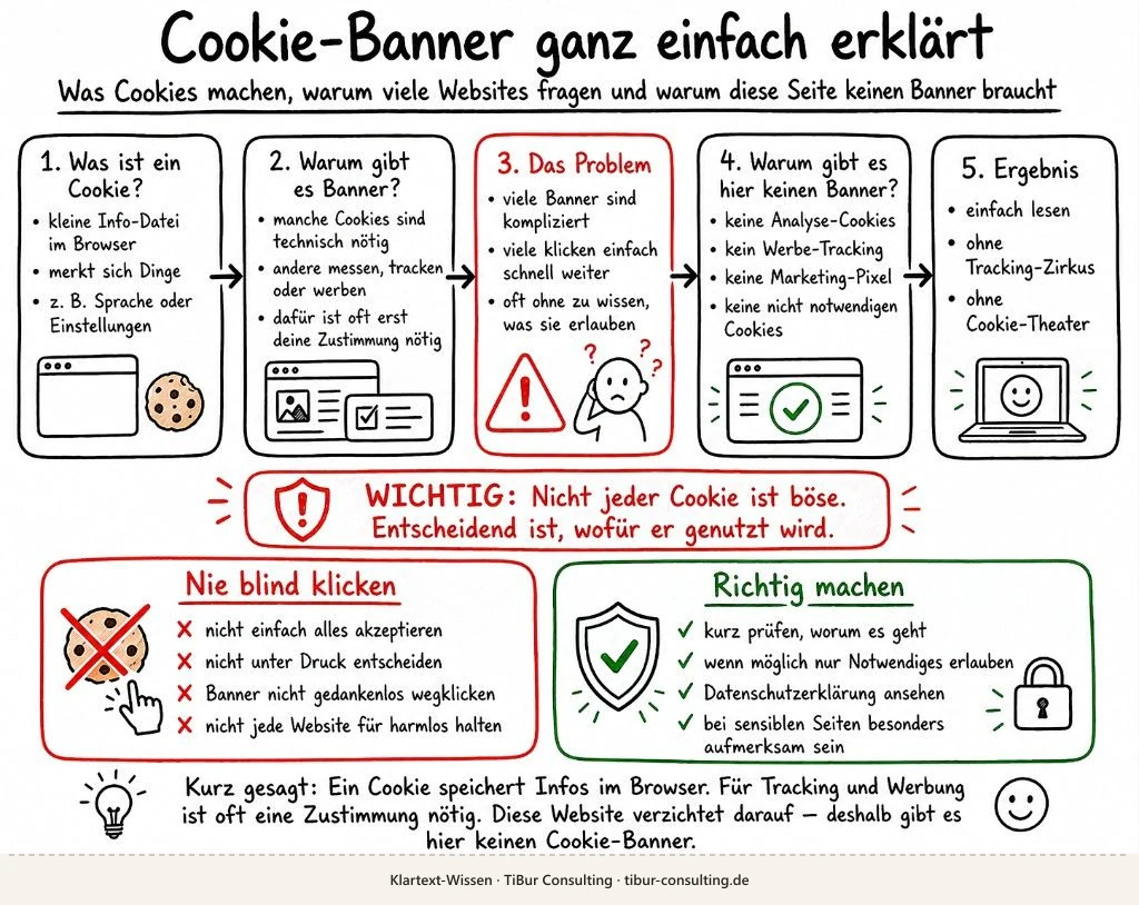 Sketchnote: Cookie-Banner erklärt in fünf Schritten, Warnung und Tipps richtig falsch
