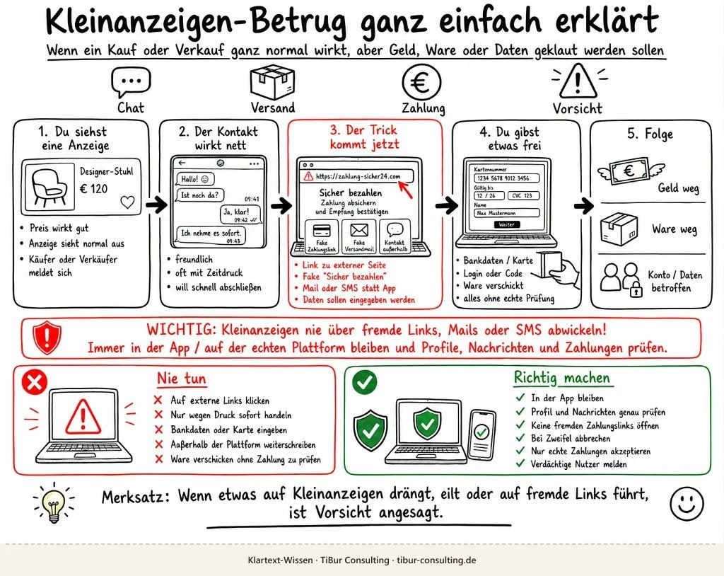 Sketchnote: Ablauf Kleinanzeigen-Betrug in fünf Schritten, rote Warnung und Tipps richtig/falsch