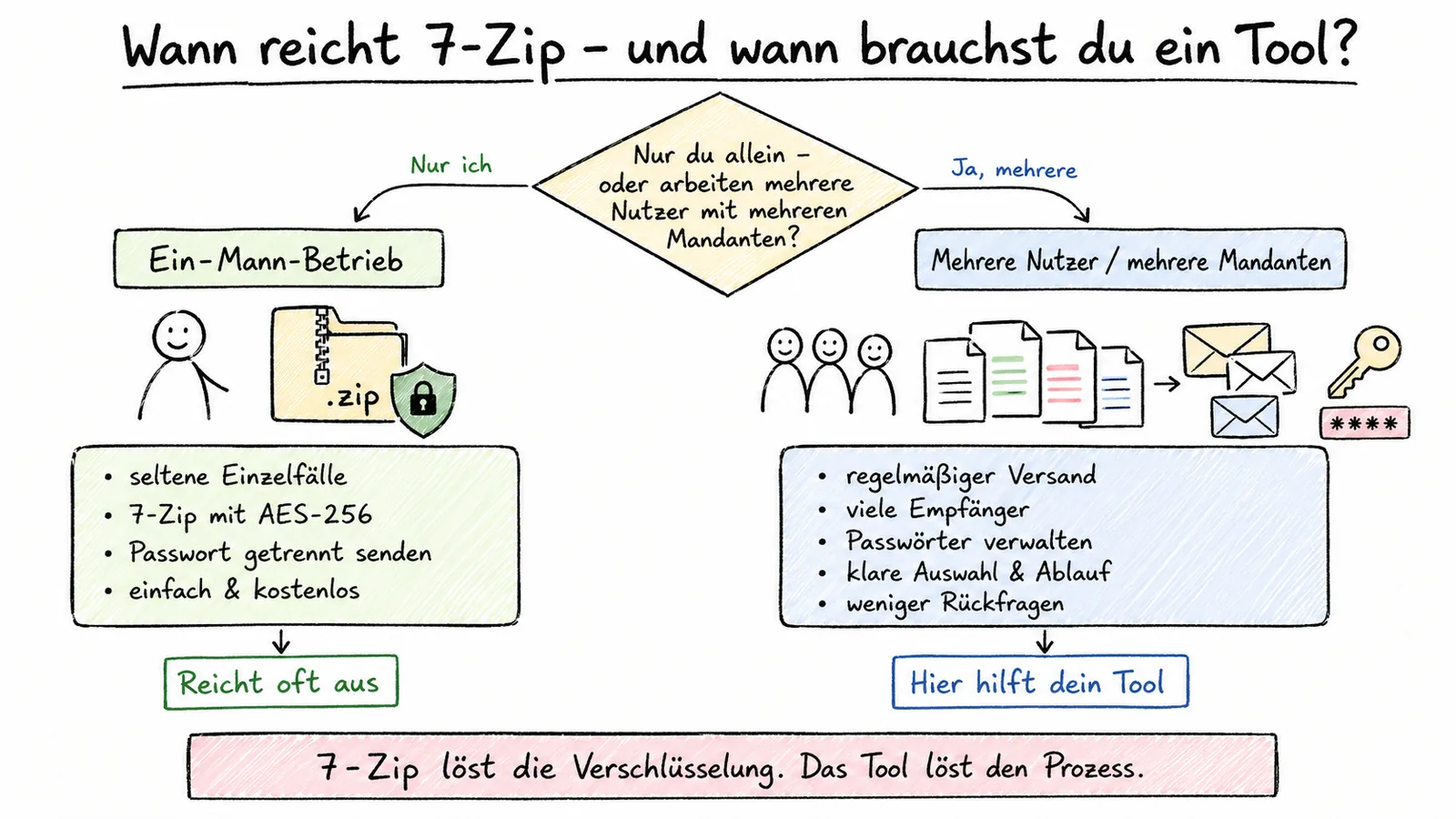 Sketchnote: Sicherer Dokumentenversand mit 7-Zip im Einzelfall und Teamprozess