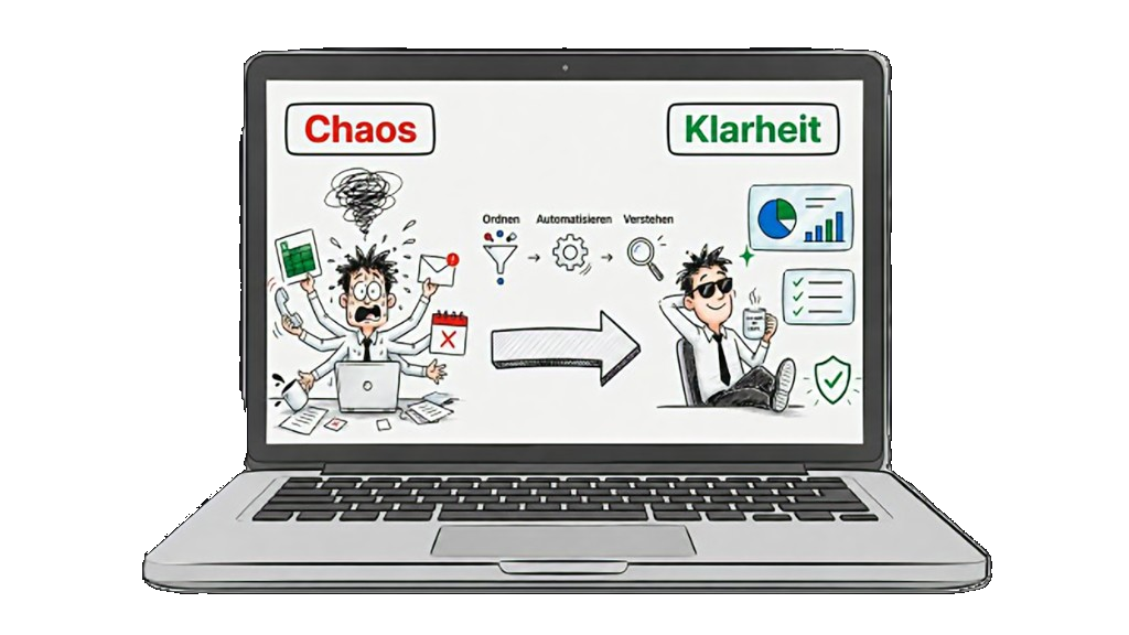 Laptop mit Skizze: Chaos im Alltag, Schritte Ordnen · Automatisieren · Verstehen, und Klarheit mit Überblick