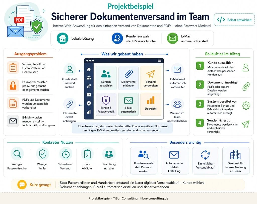 Infografik: Sicherer Dokumentenversand, Problem, UI-Kacheln, Alltag, Nutzen
